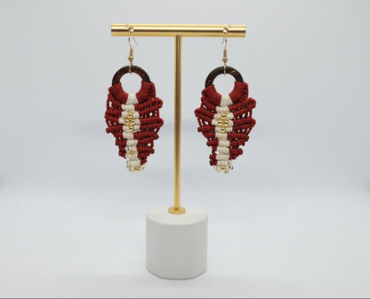 Maroon and White Freestyle Macrame Earring