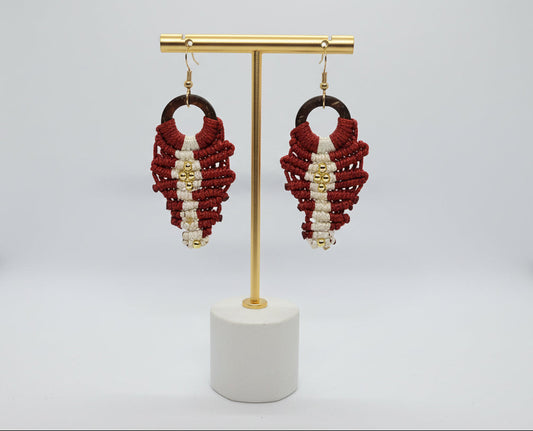 Maroon and White Freestyle Macrame Earring