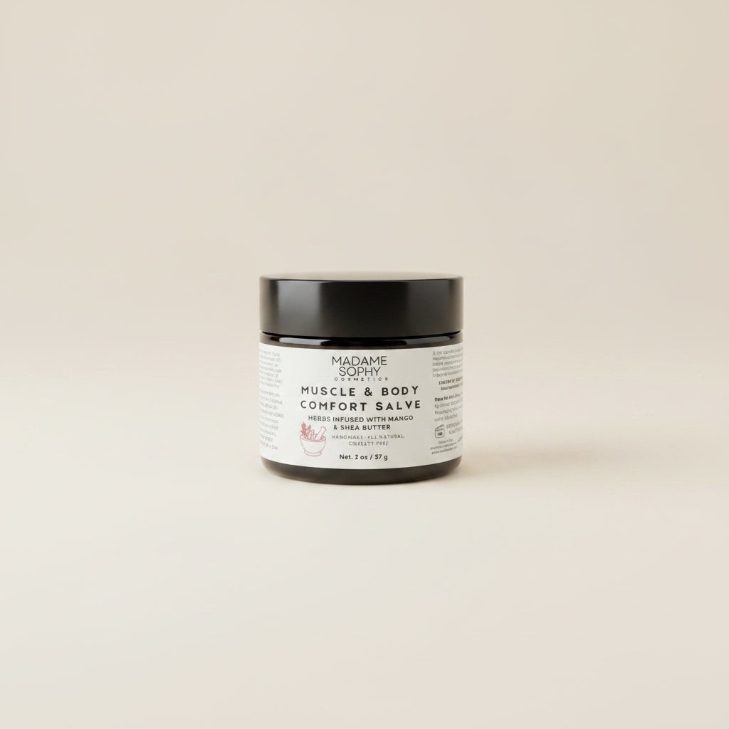 A jar of Madame Sophie's Muscle & Body Comfort Salve 