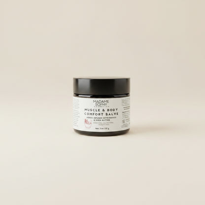 A jar of Madame Sophie's Muscle & Body Comfort Salve 