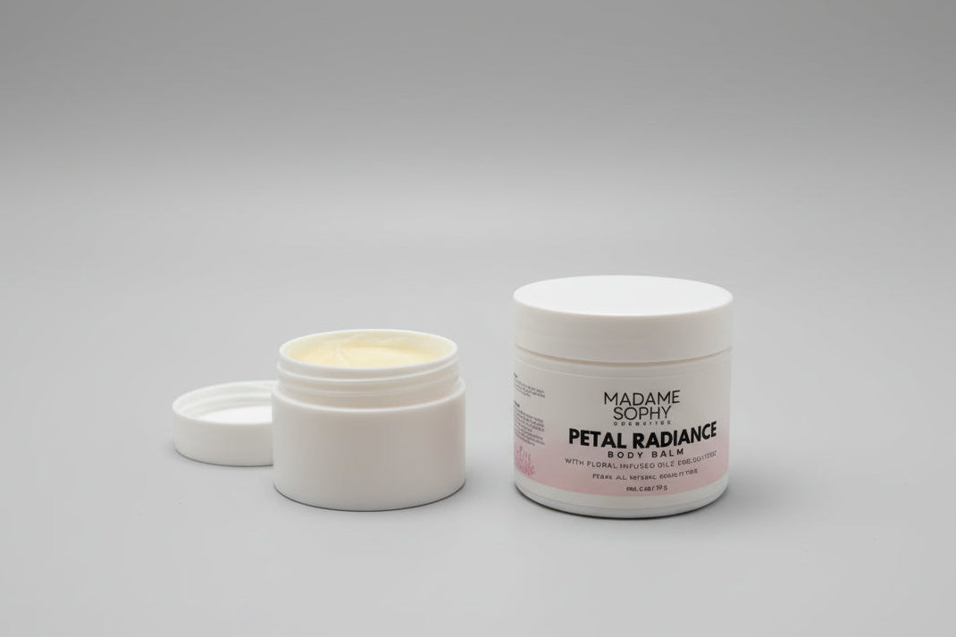 Two containers of Madame Sophy Petal Radiance Body Balm on a marble surface.