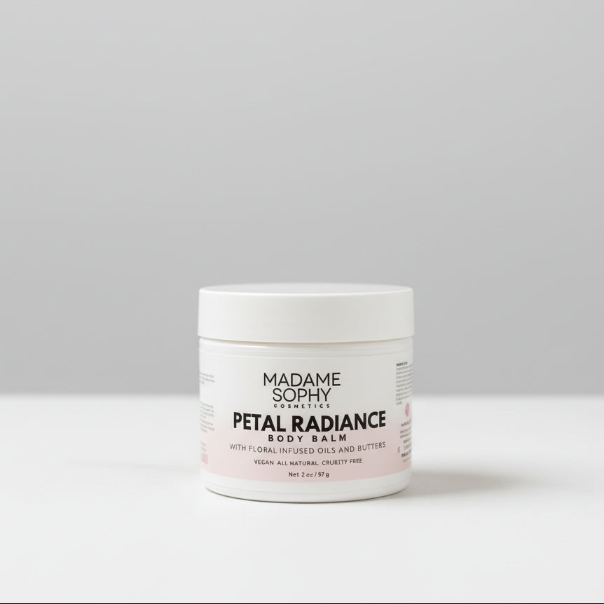 Jar of Madame Sophy Petal Radiance Body Balm on a marble surface with a neutral background