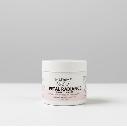Jar of Madame Sophy Petal Radiance Body Balm on a marble surface with a neutral background