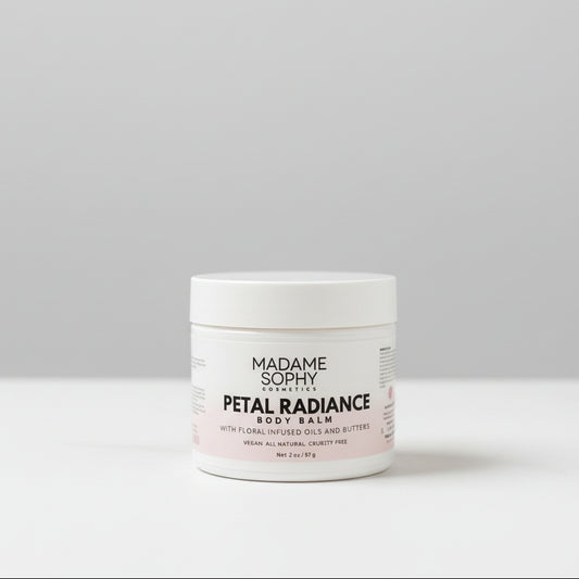 Jar of Madame Sophy Petal Radiance Body Balm on a marble surface with a neutral background