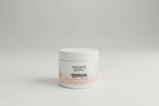 Jar of Madame Sophy Sensual Body Balm on a textured surface with a neutral background